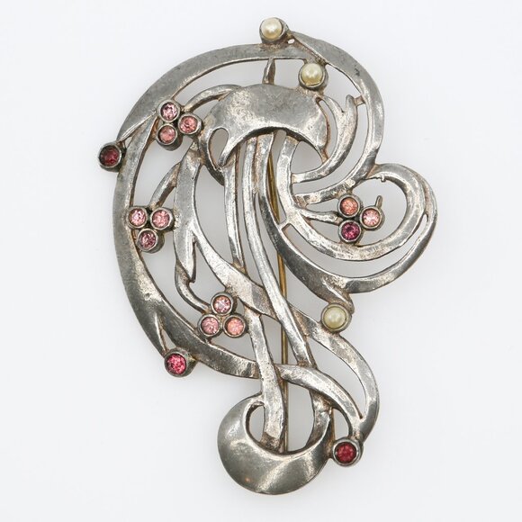 Vintage Pot Metal Swirl Pink Rhinestones Simulated Pearls Brooch 1930s - Picture 1 of 3